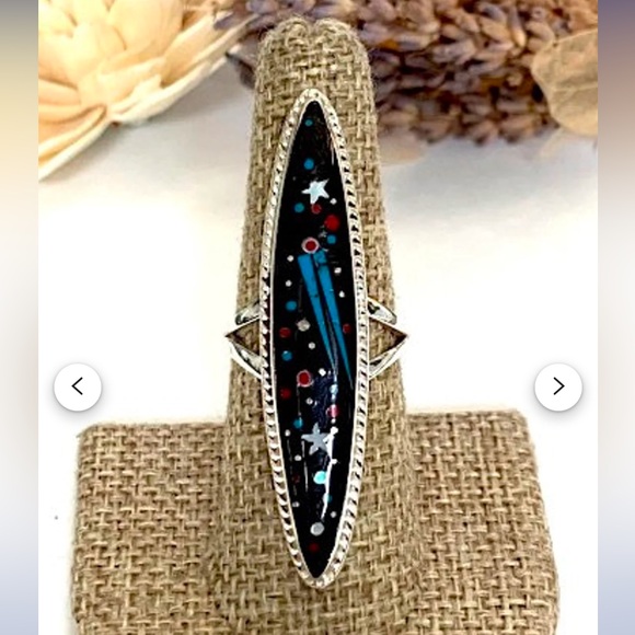 Cosmic space sterli silver 925 oval long ring shooting star moon cosmos universe - Picture 2 of 3